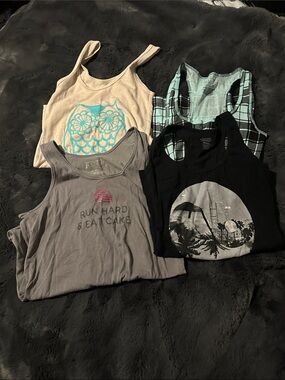 Lot of 4 Graphic Tank Tops - Owl, Plaid, Grey Slogan, Black Graphic